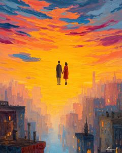 COUPLE FLOATING ABOVE CITY