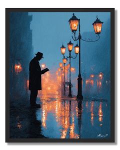 MAN READING IN CITY LIGHT - FRAMED