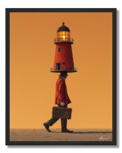 MAN CARRYING LIGHTHOUSE - FRAMED