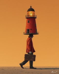 MAN CARRYING LIGHTHOUSE