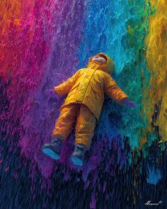 CHILD FLOATING IN COLOR RAIN