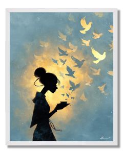 WOMAN FEEDING LIGHT BIRDS - FRAMED