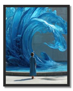 BLUE WOMAN BY THE FOUNTAIN - FRAMED