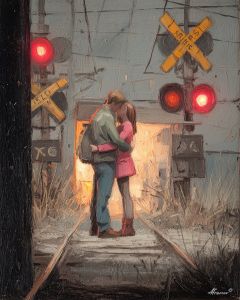 COUPLE AT TRAIN CROSSING