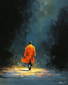 MAN IN ORANGE COAT B&W