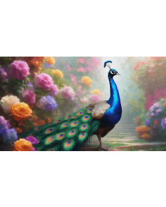 A PEACOCK IN A BLOOMING GARDEN