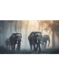 ELEPHANTS ROAMING THROUGH A MISTY, LUMINESCENT FOREST
