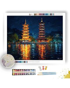 GUILIN TWIN PAGODAS NIGHT GLOW - Paint by Numbers Full Kit