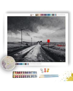 DUST ROAD WITH VERMILION SIGN B&W - Paint by Numbers Full Kit