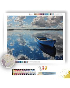 LAKE MIRROR WITH COBALT BOAT - Paint by Numbers Full Kit