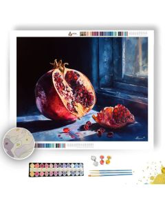POMEGRANATE ON DARK TABLE IN BLUE HOUR - Paint by Numbers Full Kit