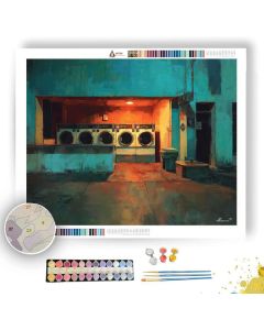 LAUNDROMAT AFTER DARK AT FIRST LIGHT - Paint by Numbers Full Kit