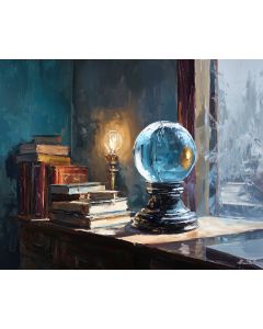 CRYSTAL BALL IN LIBRARY UNDER OPEN SKY