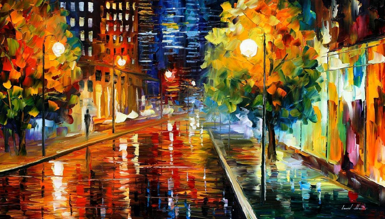 DOWNTOWN STREET — PALETTE KNIFE Oil Painting On Canvas By Leonid