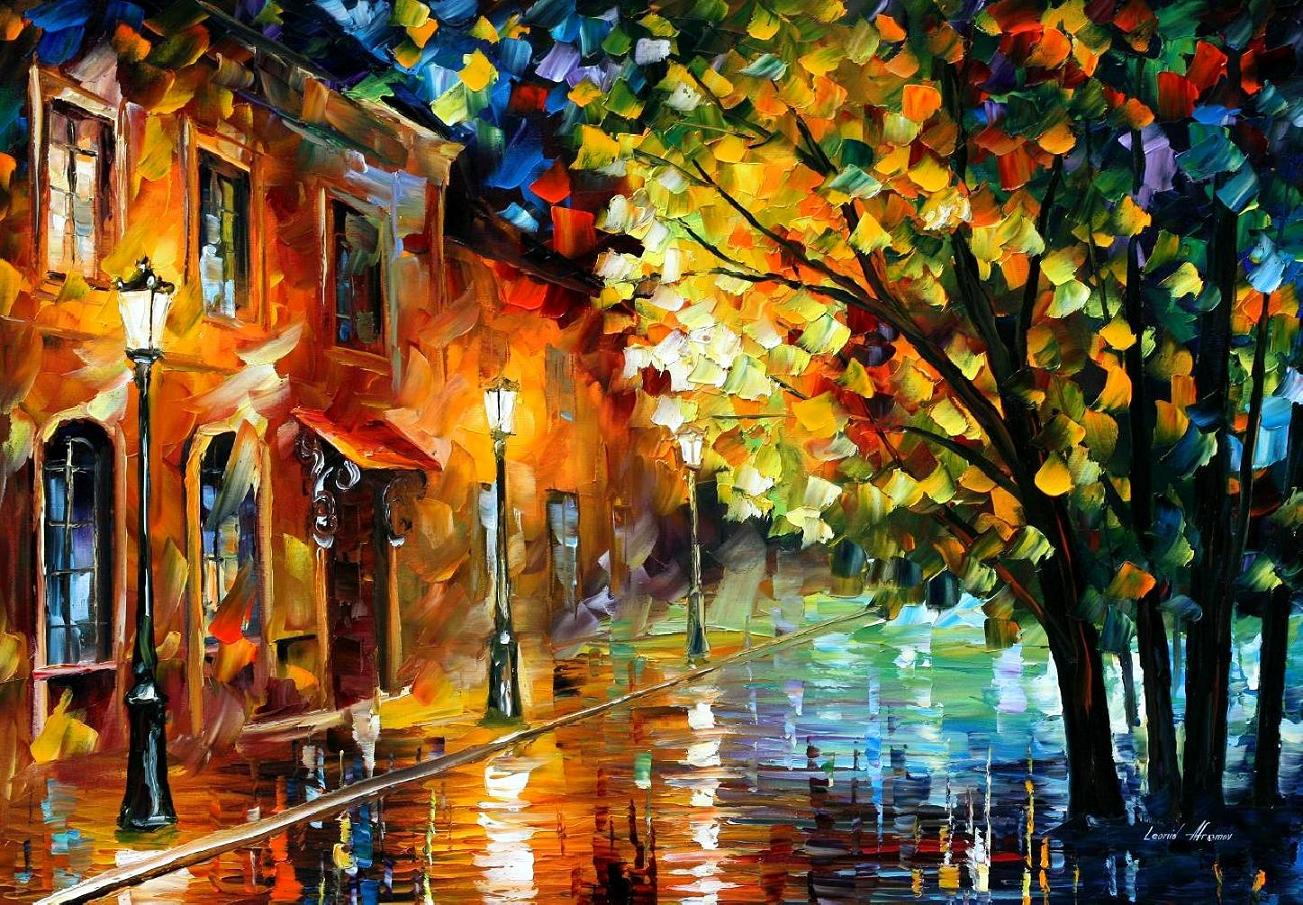 HAPPY STREET — PALETTE KNIFE Oil Painting On Canvas By Leonid Afremov -  Size 30x24