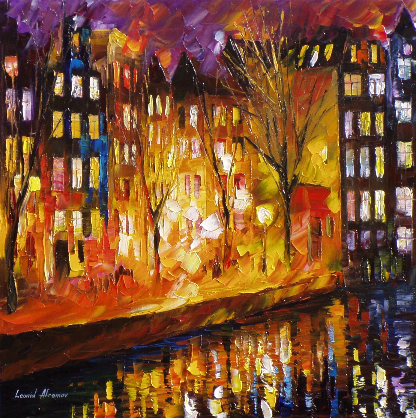 HAPPY STREET — PALETTE KNIFE Oil Painting On Canvas By Leonid Afremov -  Size 30x24