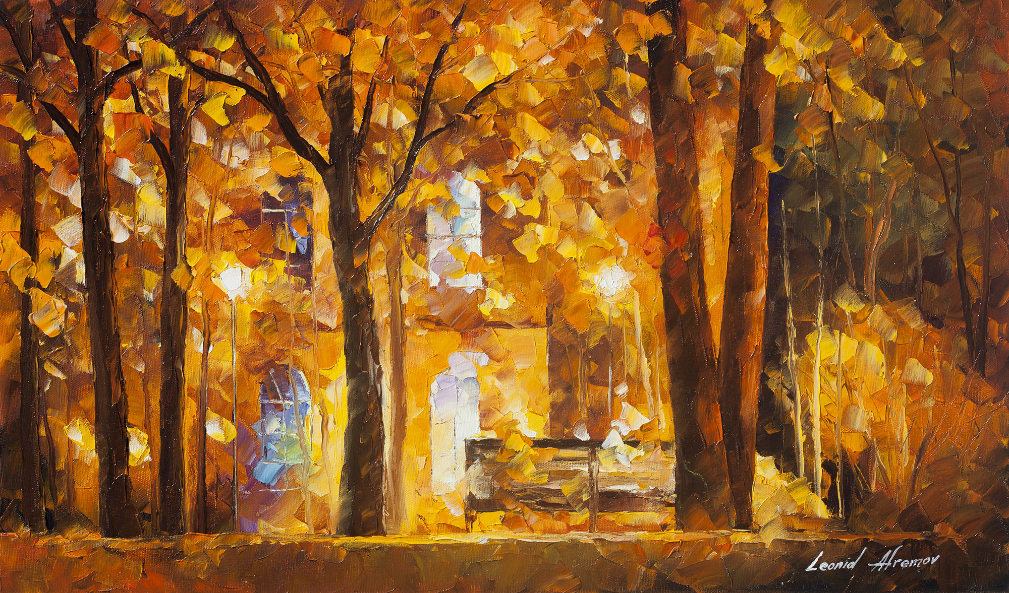 FALL RAIN IN PARK — PALETTE KNIFE Oil Painting On Canvas By Leonid