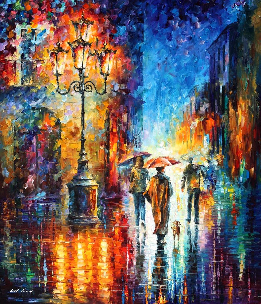FALL RAIN IN PARK — PALETTE KNIFE Oil Painting On Canvas By Leonid