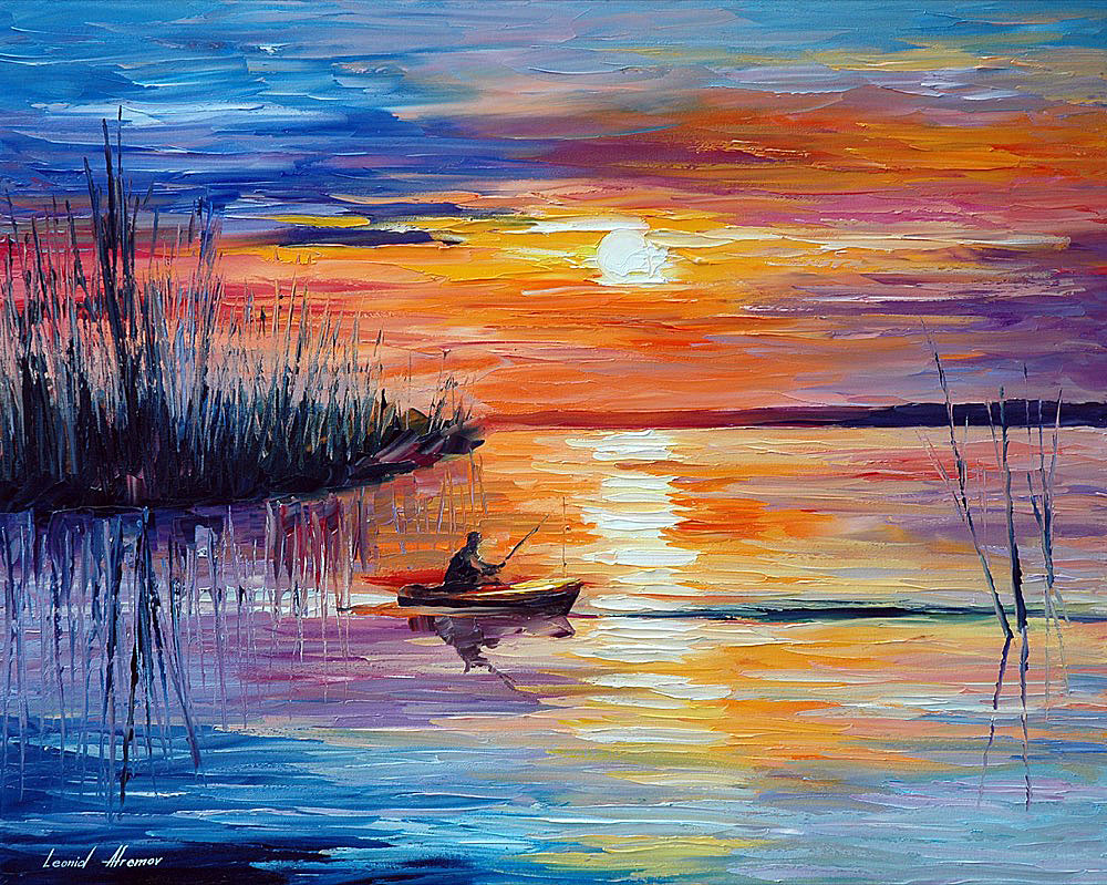 fishing painting with sunset