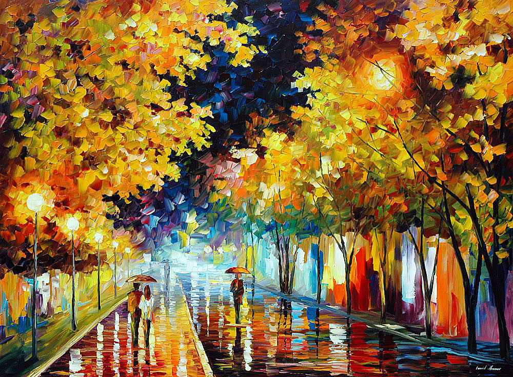 FALL RAIN IN PARK — PALETTE KNIFE Oil Painting On Canvas By Leonid