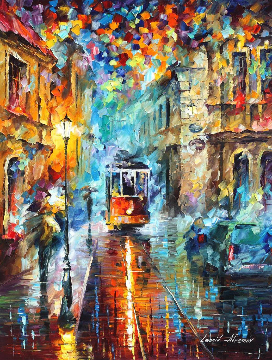 BLUE TROLLEY — PALETTE KNIFE Oil Painting On Canvas By Leonid