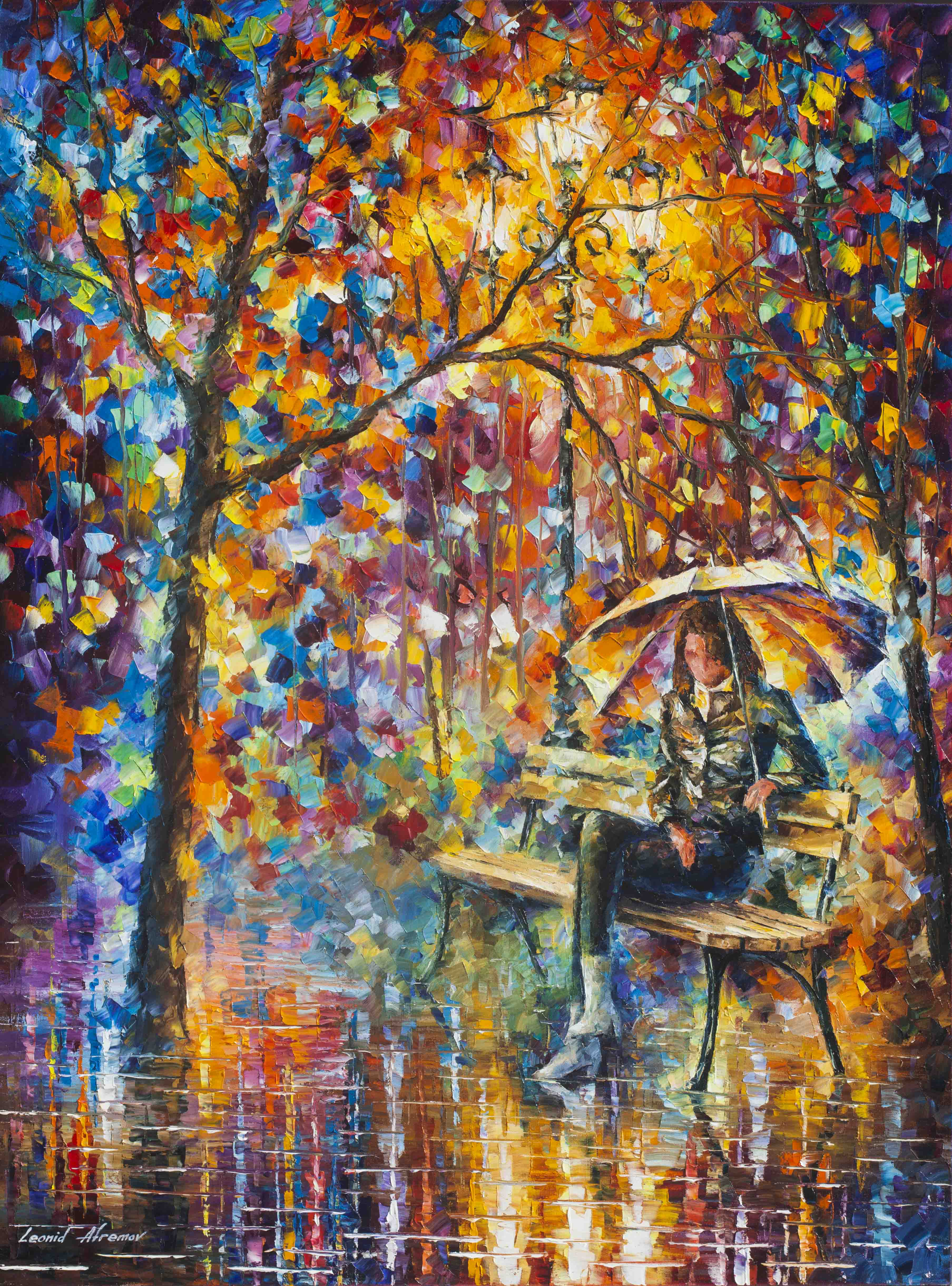 FALL RAIN IN PARK — PALETTE KNIFE Oil Painting On Canvas By Leonid Afremov  - Size 24x30