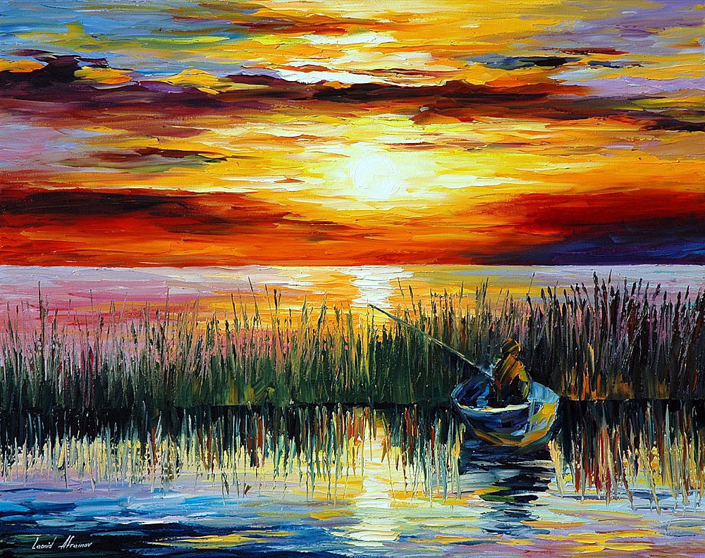 FISHING ON THE LAKE — Oil Painting