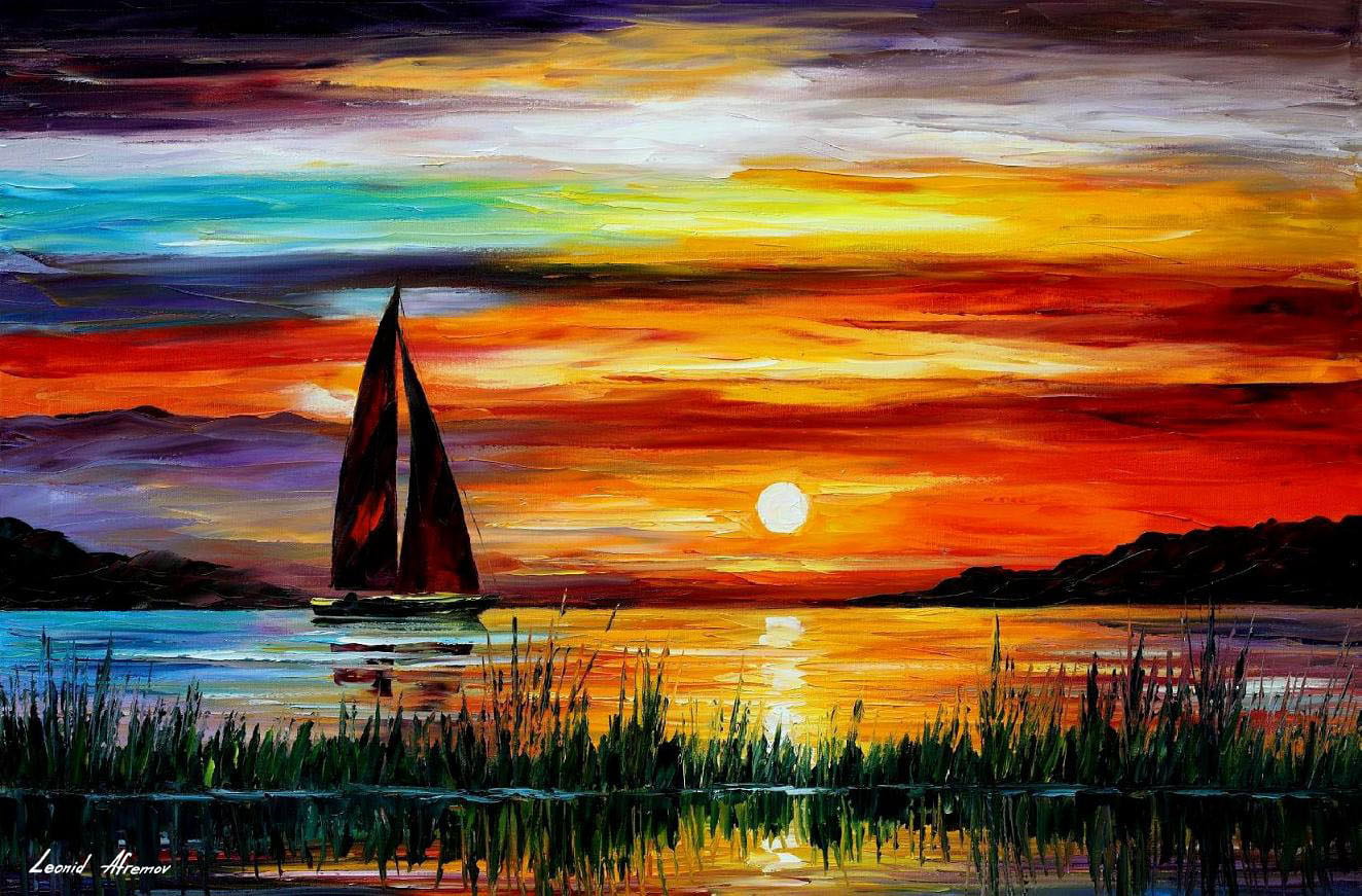 Oil Paintings of Lakes at Sunset with Sailboat
